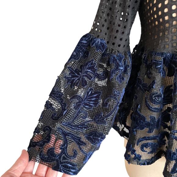 Dor Dor Couture Black Eyelet Blue Velvet Mesh Babydoll Top SM Whimsygoth Fairy - Picture 2 of 10